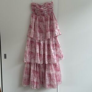 Kamella Light Pink Floral Pleated Strapless Tiered Maxi Dress